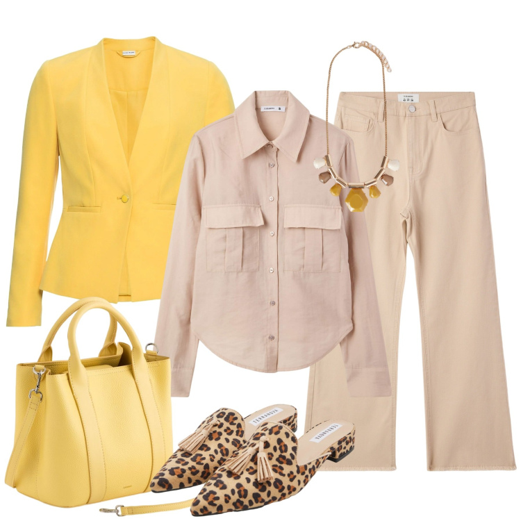 Outfit donna - Giallo e animalier. Stile Casual chic per Tutti i giorni. Abbinamento con blazer, camicie, sabot, pantaloni, borse a mano, collane.