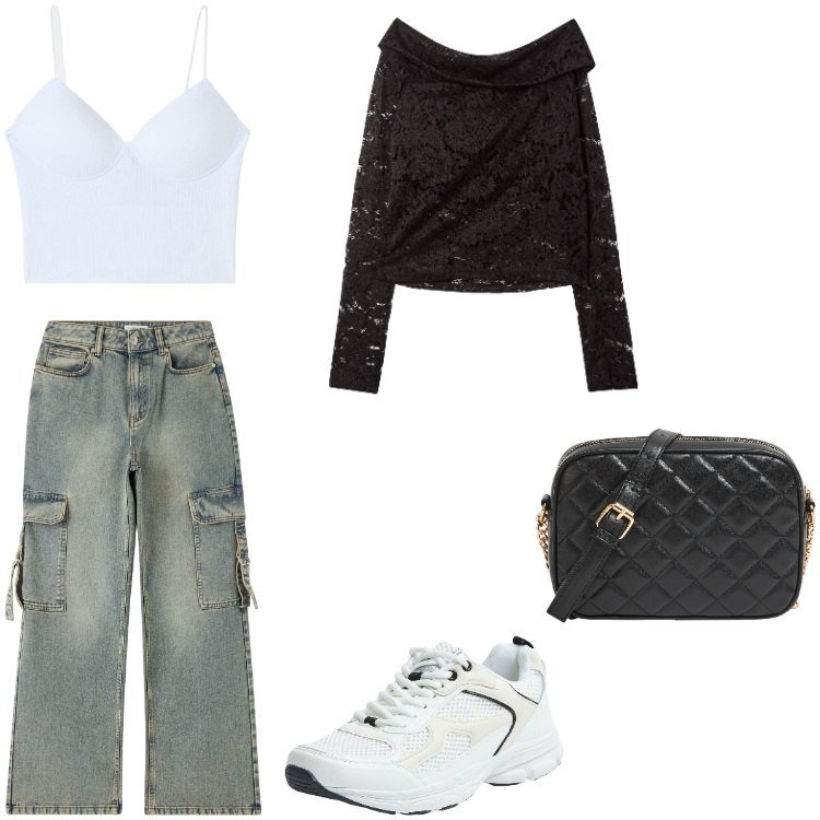 Outfit donna - swaggy. Stile Urban per Tutti i giorni. Abbinamento con maglieria, top, jeans, borse a tracolla, sneakers.