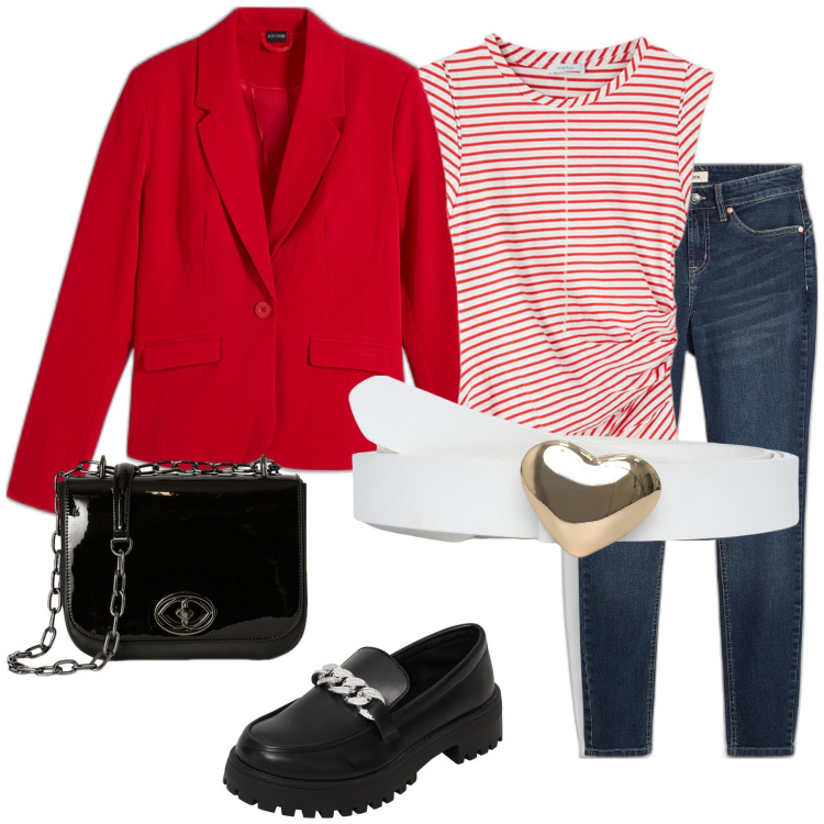 Outfit donna - Lucido e colore. Stile Casual chic per Tutti i giorni. Abbinamento con jeans skinny, blazer, mocassini, cinture, top, borse a tracolla.