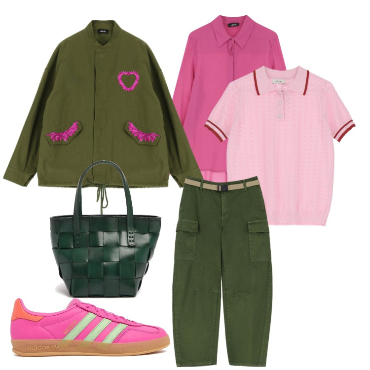 Outfit donna - Green&Pinky. Stile Military per Tutti i giorni. Abbinamento con pantaloni chino, cappotti, camicie, maglieria, sneakers, borse a mano.