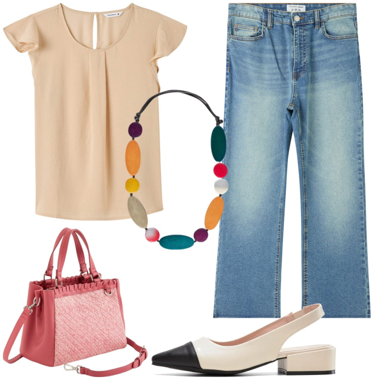 Outfit donna - Accessori colorati e look basico. Stile Casual per Tutti i giorni. Abbinamento con décolleté, jeans, bluse, collane, borse a mano.