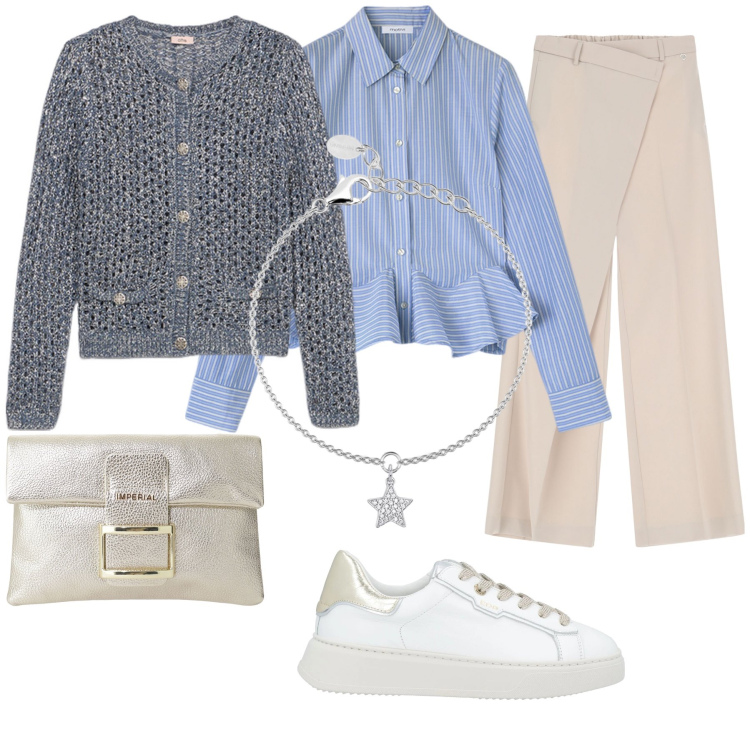 Outfit donna - Cardigan Grigio azzurro. Stile Casual per Tutti i giorni. Abbinamento con sneakers, braccialetti con ciondoli, pantaloni, pochette, camicie, cardigans.