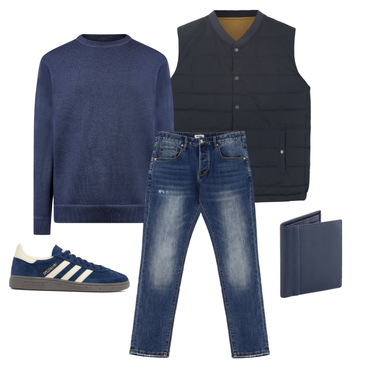 Outfit uomo - Total look #2110282. Stile Casual per Tutti i giorni. Abbinamento con jeans dritti, gilet, maglieria, sneakers, portafogli.