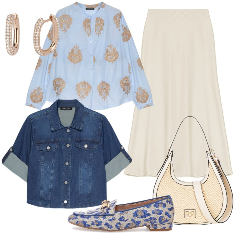 Outfit donna - Comfort e stile. Stile Casual chic per Tutti i giorni. Abbinamento con orecchini, borse a mano, gonne longuette, bluse, mocassini, blazer.
