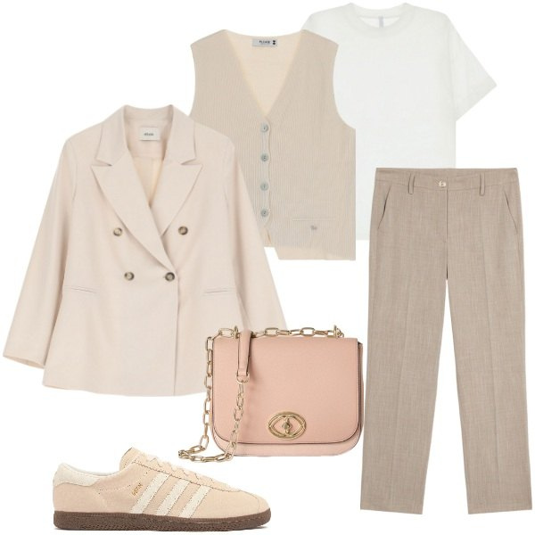 Outfit donna - Beige e Rosa con Tocco Sportivo. Stile Casual chic per Tutti i giorni. Abbinamento con gilet, t-shirt, blazer, sneakers, pantaloni, borse a tracolla.