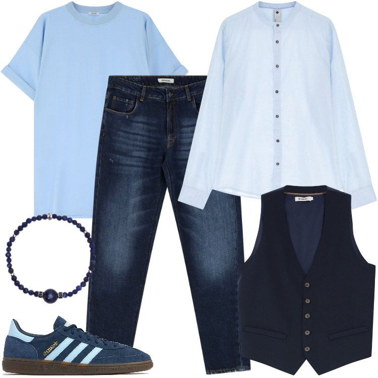Outfit uomo - Blu attitude. Stile Trendy per Tutti i giorni. Abbinamento con braccialetti, gilet, camicie, jeans dritti, t-shirt, sneakers.