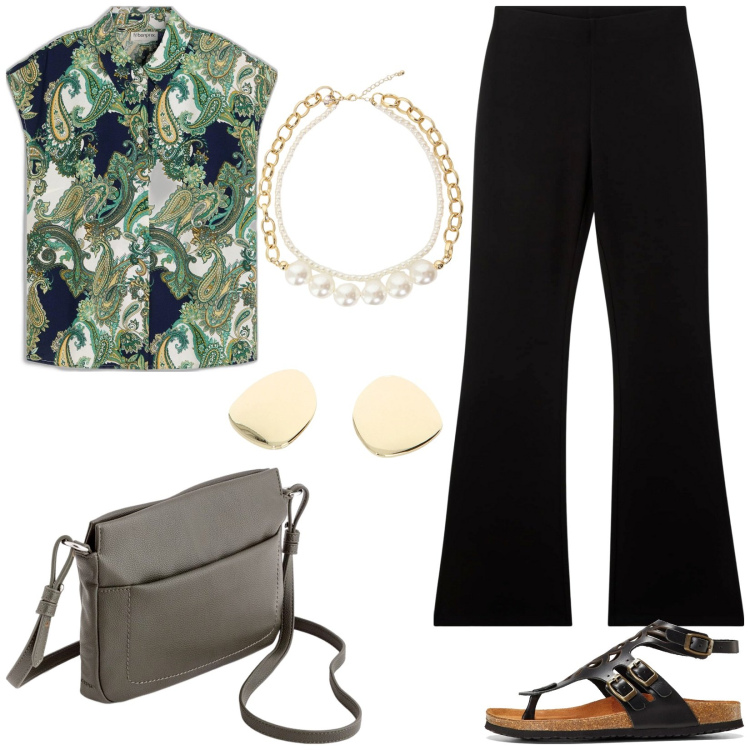 Outfit donna - Camicia Paisley. Stile Casual per Tutti i giorni. Abbinamento con camicie, sandali in pelle, pantaloni, collane, orecchini, borse a tracolla.