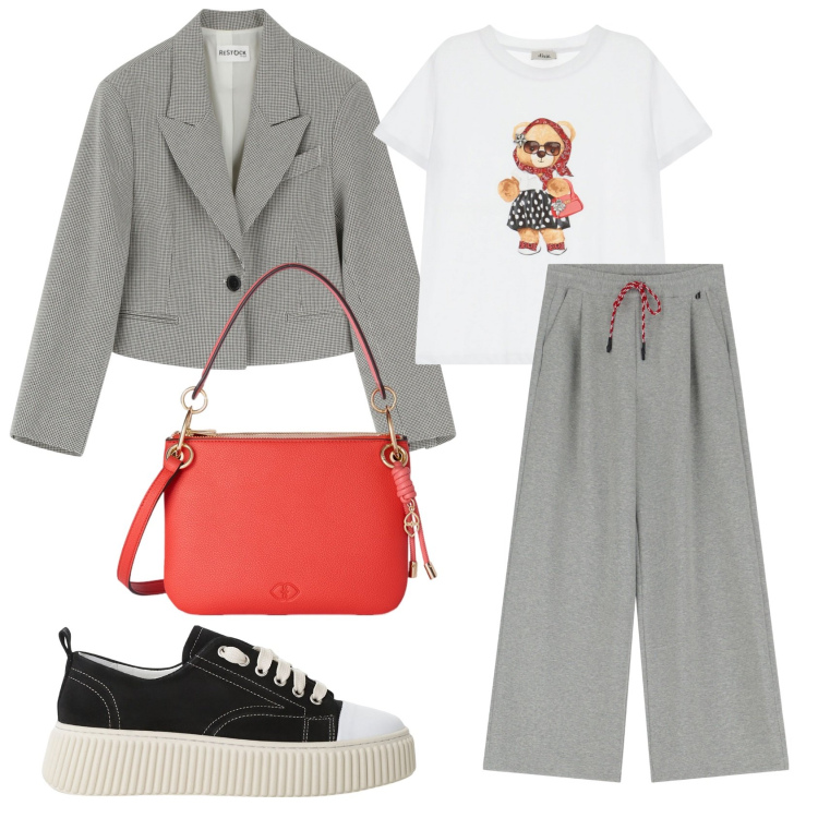 Outfit donna - Athleisure. Stile Sporty chic per Tutti i giorni. Abbinamento con sneakers, pantaloni sportivi, blazer, t-shirt, borse a tracolla.