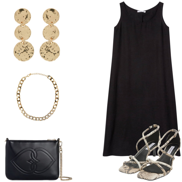 Outfit donna - Look per la sera. Stile Glamour per Serata fuori. Abbinamento con vestiti lunghi, collane, sandali col tacco, orecchini, pochette.
