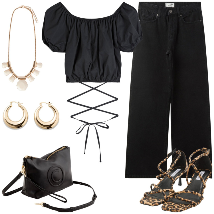 Outfit donna - Serata con le amiche. Stile Glamour per Serata fuori. Abbinamento con orecchini, sandali col tacco, bluse, jeans, valigie, collane.