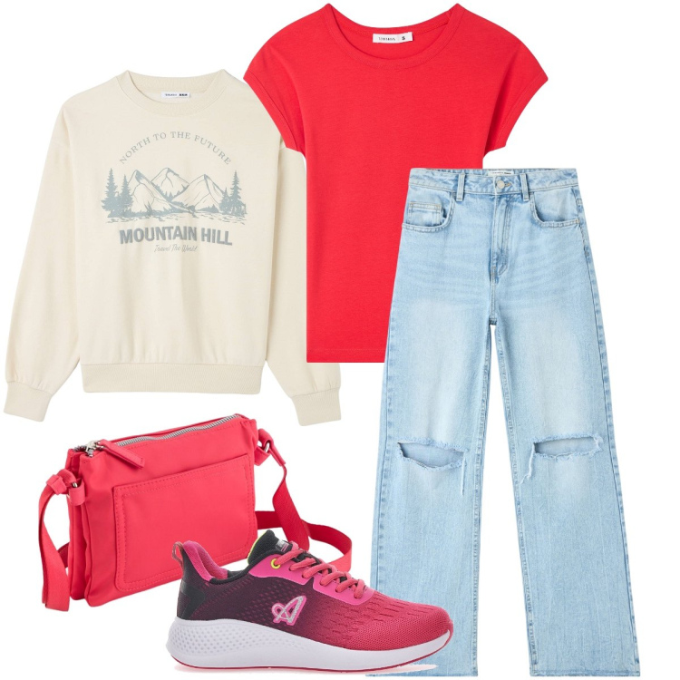 Outfit donna - Accessori statement per la primavera. Stile Casual per Tutti i giorni. Abbinamento con t-shirt, jeans strappati, felpe, sneakers, borse a tracolla.