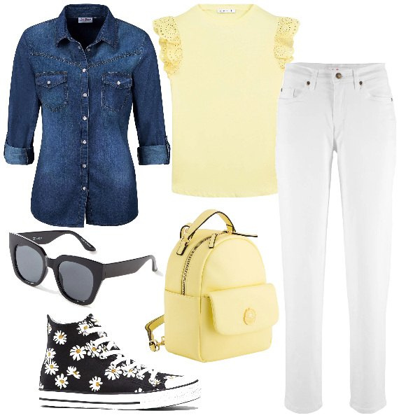 Outfit donna - Giallo chiaro e margherite. Stile Casual per Tutti i giorni. Abbinamento con jeans mom, sneakers alte, camicie, occhiali da sole, t-shirt, zaini.