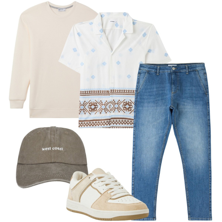 Outfit uomo - Stampe geometriche. Stile Casual per Tutti i giorni. Abbinamento con camicie a manica corta, cappelli, jeans skinny, sneakers, maglieria.