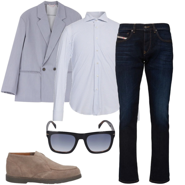 Outfit uomo - Piccoli pois. Stile Business/Elegante per Ufficio. Abbinamento con camicie, stivali e stivaletti, giacche, jeans slim fit, occhiali da sole.