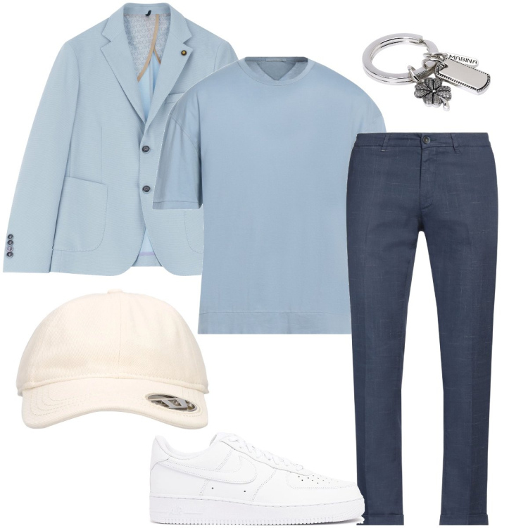 Outfit uomo - Look monocromatico. Stile Trendy per Ufficio. Abbinamento con pantaloni chino, t-shirt, portachiavi, giacche, sneakers, cappelli con visiera.