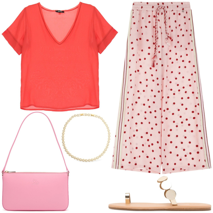 Outfit donna - Comfy style. Stile Casual chic per Tutti i giorni. Abbinamento con t-shirt, pantaloni, borse a spalla, collane, sandali col tacco.