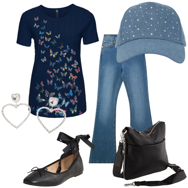 Outfit donna - Farfalle e strass. Stile Casual chic per Tutti i giorni. Abbinamento con t-shirt, cappelli, ballerine, jeans a zampa, orecchini, borse a tracolla.