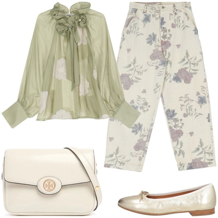 Outfit donna - Nuance naturali. Stile Casual per Tutti i giorni. Abbinamento con ballerine, bluse, pantaloni, borse a spalla.