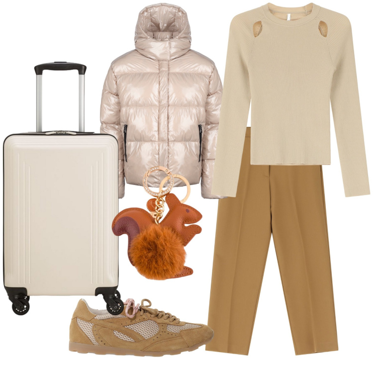 Outfit donna - Viaggio verso il freddo. Stile Urban per Tutti i giorni. Abbinamento con pantaloni, maglieria, sneakers, blazer, valigie, portachiavi.