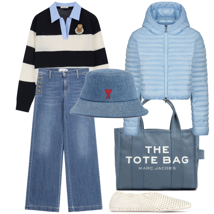 Outfit donna - Vacanza in città d arte. Stile Casual chic per Tutti i giorni. Abbinamento con jeans a zampa, maglieria, piumini, borse tote, ballerine, cappelli.