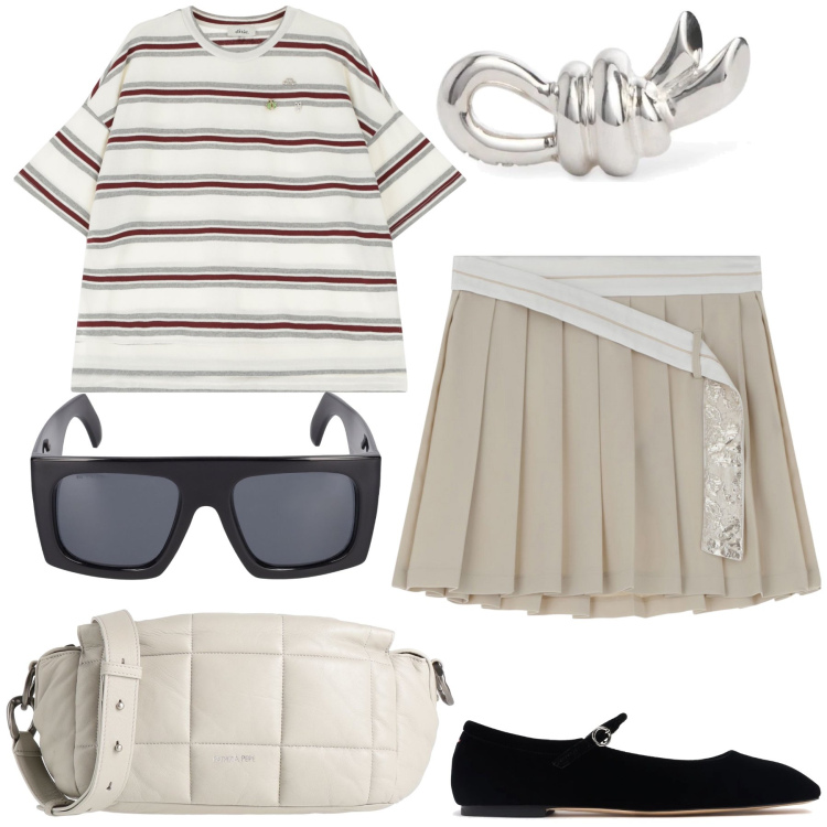 Outfit donna - Total look. Stile Preppy per Tutti i giorni. Abbinamento con borse a mano, minigonne, t-shirt, occhiali da sole, orecchini, ballerine.