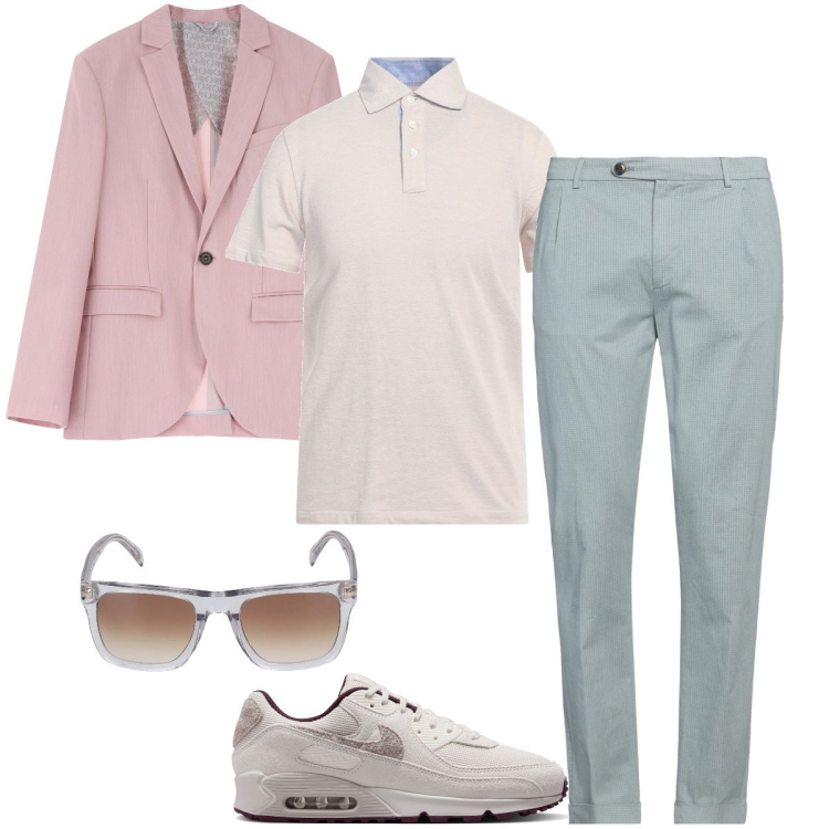 Outfit uomo - In ufficio. Stile Trendy per Ufficio. Abbinamento con pantaloni chino, polo, giacche, occhiali da sole, sneakers.