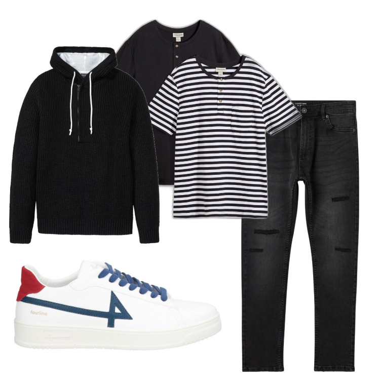 Outfit uomo - Aprile. Stile Casual per Tutti i giorni. Abbinamento con maglieria, maglieria, sneakers, jeans strappati.