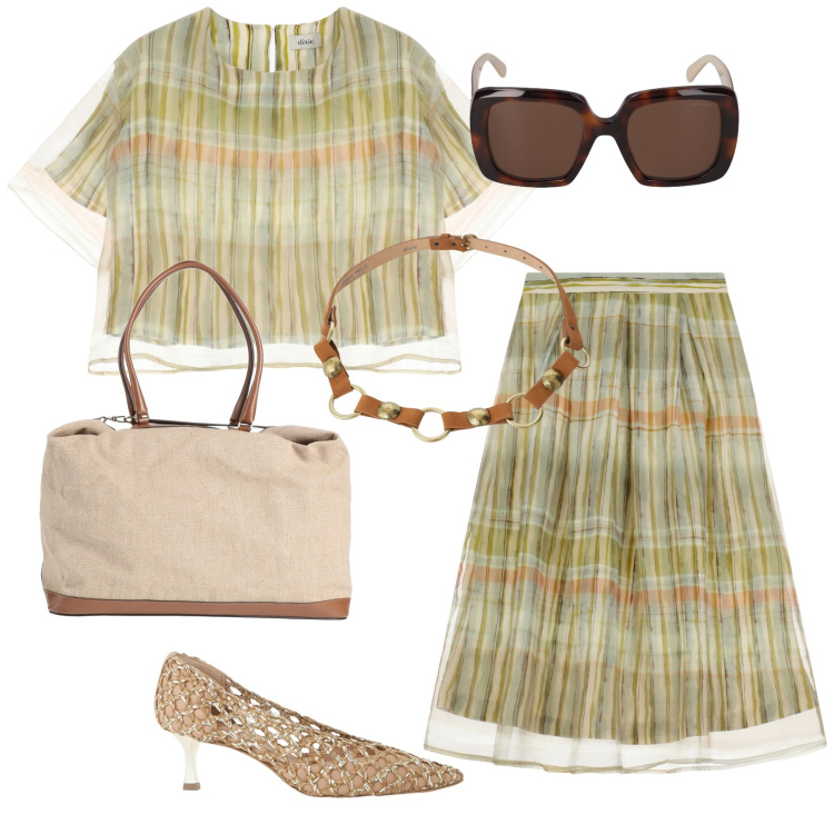 Outfit donna - Total look #2110350. Stile Etnico per Tutti i giorni. Abbinamento con borse a mano, cinture, décolleté, gonne lunghe, top, occhiali da sole.