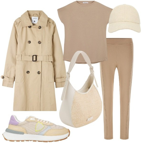 Outfit donna - Athleisure Neutro Chic. Stile Sporty chic per Tutti i giorni. Abbinamento con sneakers, trench, cappelli con visiera, t-shirt, pantaloni, borse a tracolla.