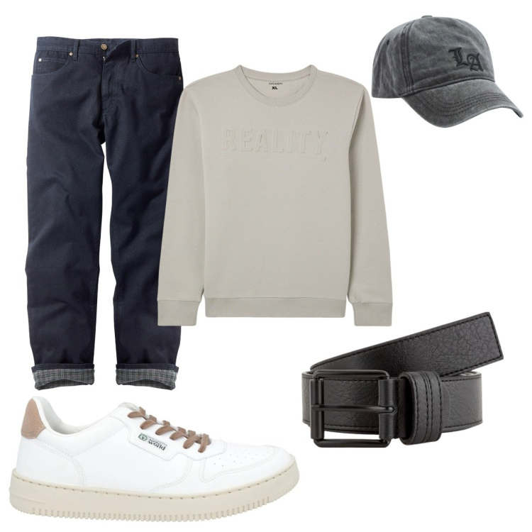 Outfit uomo - Aprile. Stile Casual per Tutti i giorni. Abbinamento con jeans dritti, sneakers, felpe, cappelli, cinture.
