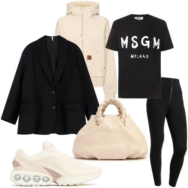 Outfit donna - Athleisure di Lusso in Bianco e Crema. Stile Sporty chic per Tutti i giorni. Abbinamento con blazer, pantaloni skinny, sneakers, felpe con cappuccio, t-shirt, borse a mano.