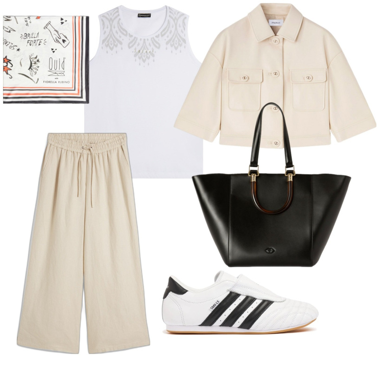 Outfit donna - Mix sport. per Tutti i giorni. Abbinamento con pantaloni a palazzo, top sportivi, blazer, foulard, sneakers, shopping bag.