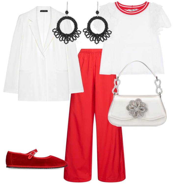 Outfit donna - Mix sport. per Serata fuori. Abbinamento con t-shirt sportive, blazer, ballerine, pantaloni sportivi, borse a mano, orecchini.