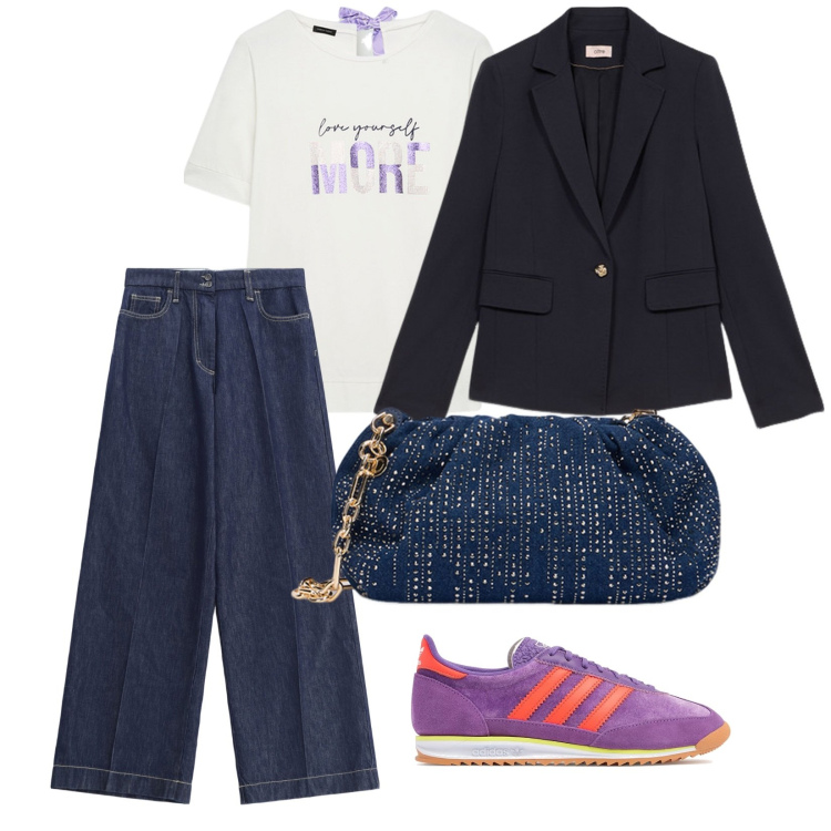 Outfit donna - Le sneakers. per Tutti i giorni. Abbinamento con jeans, t-shirt, sneakers, clutch, blazer.