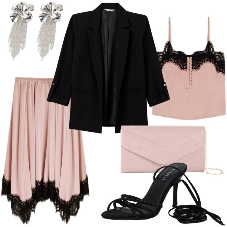 Outfit donna - Party in nero e rosa cipria. Stile Chic per Serata fuori. Abbinamento con pochette, blazer, sandali alla schiava, orecchini, gonne, top.