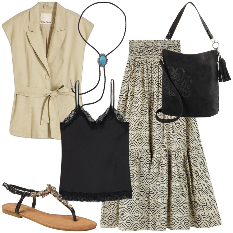 Outfit donna - Gipsy di giorno. Stile Casual chic per Tutti i giorni. Abbinamento con borse a mano, gilet, gonne lunghe, sandali gioiello, collane, top.