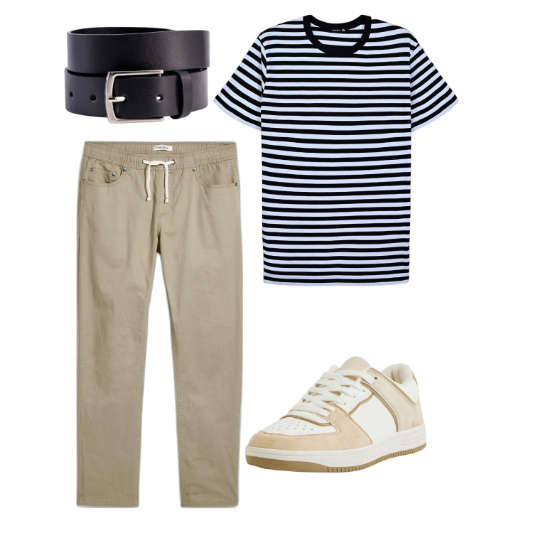 Outfit uomo - Aprile verso maggio. Stile Casual per Tutti i giorni. Abbinamento con pantaloni, sneakers, t-shirt, cinture.