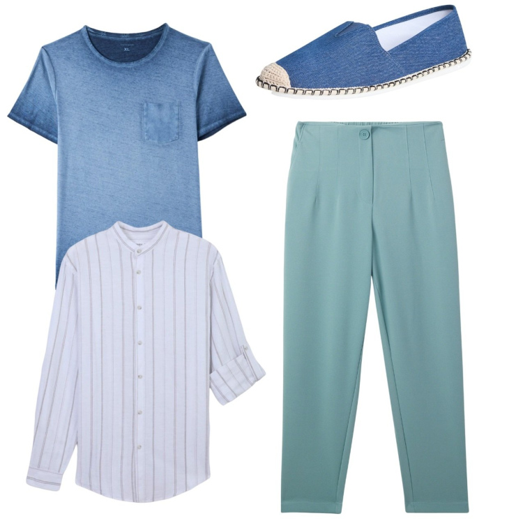 Outfit uomo - Total look. Stile Casual per Tutti i giorni. Abbinamento con t-shirt, espadrillas, pantaloni chino, camicie.