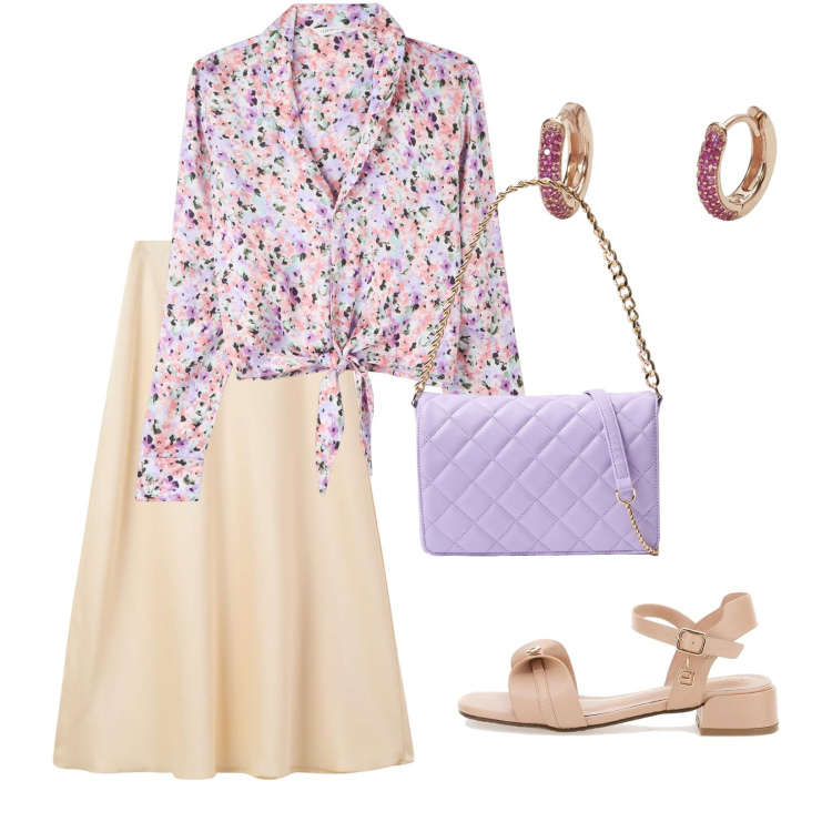 Outfit donna - Gonne a trapezio e bluse leggere. Stile Casual per Tutti i giorni. Abbinamento con gonne lunghe, camicie, borse a tracolla, orecchini, sandali col tacco.