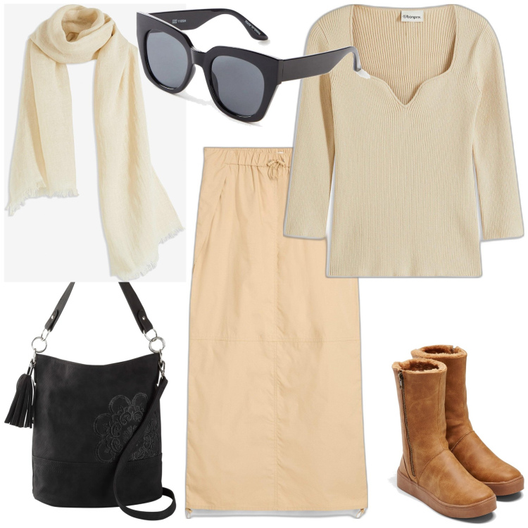 Outfit donna - Bonprix per il total look. Stile Urban per Tutti i giorni. Abbinamento con borse a mano, stivali, gonne, maglieria, sciarpe, occhiali da sole.