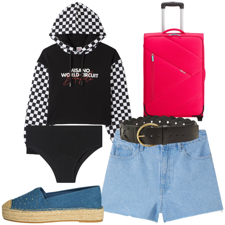 Outfit donna - Valigia carpisa in look Terranova. Stile Casual chic per Tutti i giorni. Abbinamento con felpe con cappuccio, shorts, espadrillas, cinture, culotte, valigie.