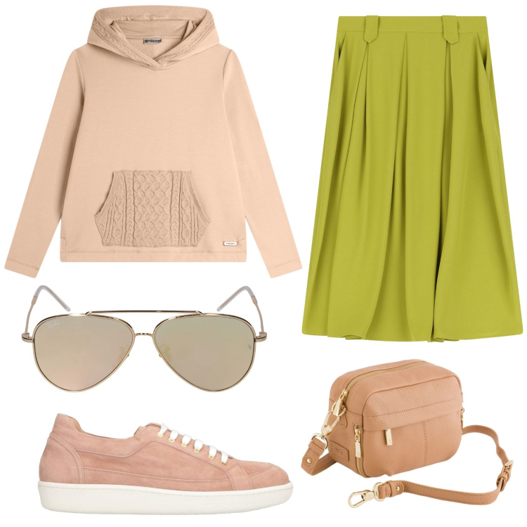 Outfit donna - Pomeriggio di shopping. Stile Casual per Tutti i giorni. Abbinamento con sneakers, felpe con cappuccio, gonne longuette, occhiali da sole, borse a tracolla.