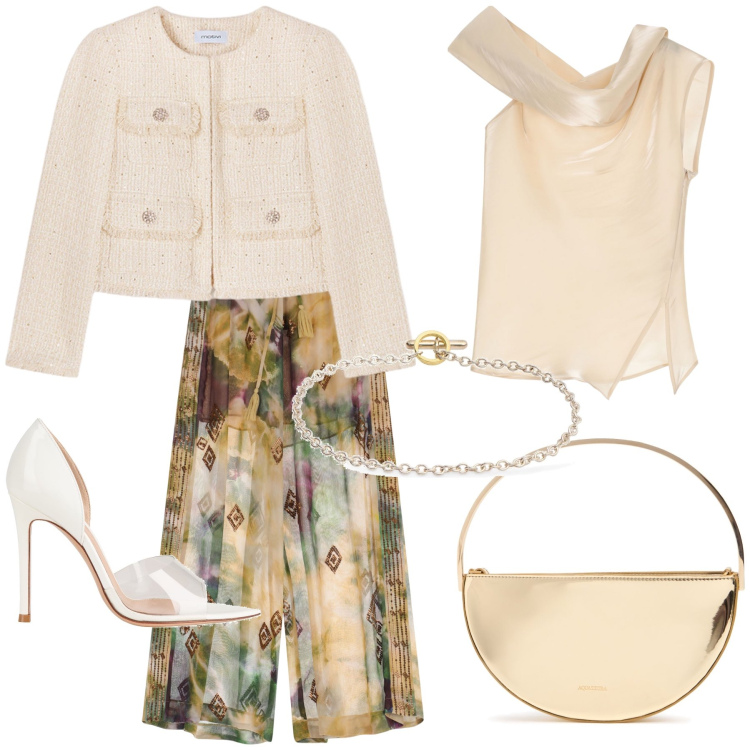 Outfit donna - A nozze in pantaloni. Stile Glamour per Cerimonia. Abbinamento con décolleté, top, pantaloni a palazzo, braccialetti, pochette, blazer.