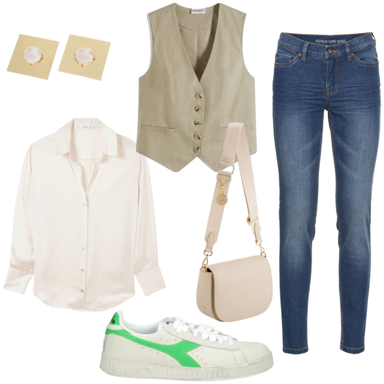 Outfit donna - Pratica e low cost. Stile Basic per Tutti i giorni. Abbinamento con jeans skinny, gilet, sneakers, camicie, orecchini, borse a tracolla.