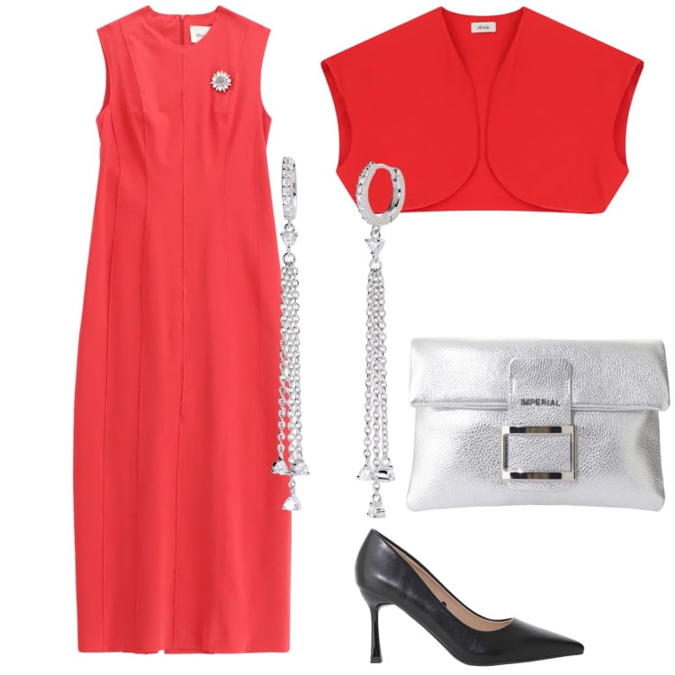 Outfit donna - Corallo e argento. Stile Chic per Cerimonia. Abbinamento con orecchini, décolleté, pochette, gilet, vestiti midi/longuette.