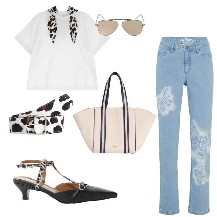 Outfit donna - Passeggiata lungolago. Stile Casual per Tutti i giorni. Abbinamento con jeans dritti, décolleté, cinture, t-shirt, shopping bag, occhiali da sole.