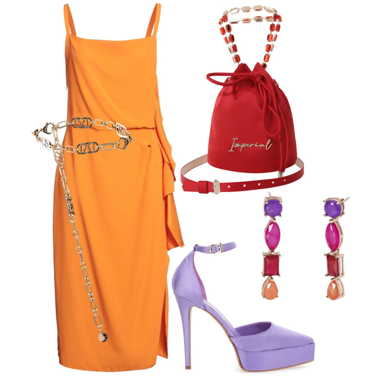 Outfit donna - Accessori statement per la primavera. Stile Chic per Serata fuori. Abbinamento con vestiti midi/longuette, orecchini, cinture, borse a secchiello, décolleté.