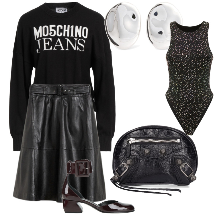 Outfit donna - Total look. Stile Trendy per Tutti i giorni. Abbinamento con gonne, pullovers, décolleté, borse a secchiello, orecchini, body.