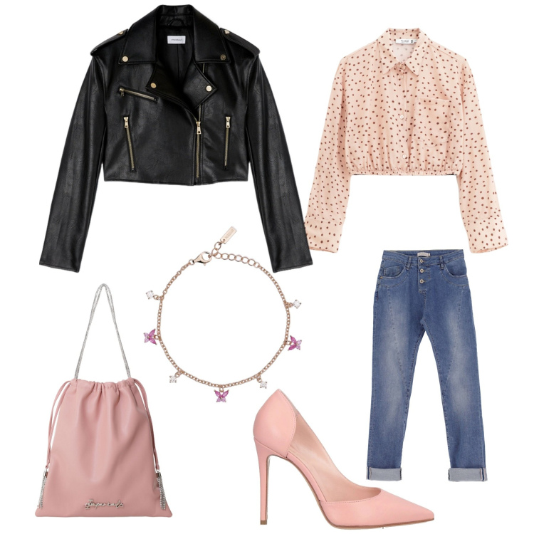 Outfit donna - Pink girl. Stile Casual chic per Tutti i giorni. Abbinamento con décolleté, braccialetti, borse a secchiello, jeans slim fit, camicie, blazer.