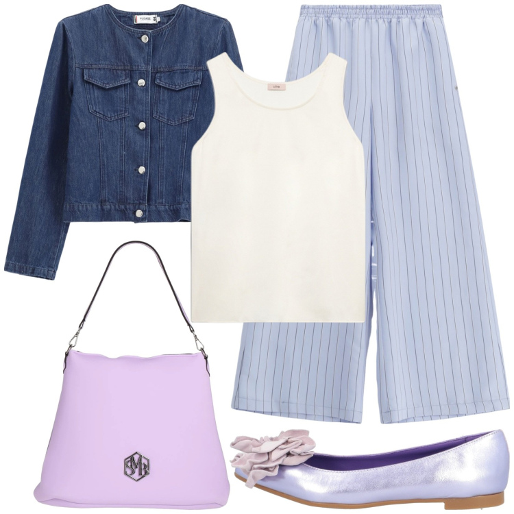 Outfit donna - Denim Forever. Stile Casual per Tutti i giorni. Abbinamento con borse a spalla, ballerine, pantaloni a palazzo, blazer, top.